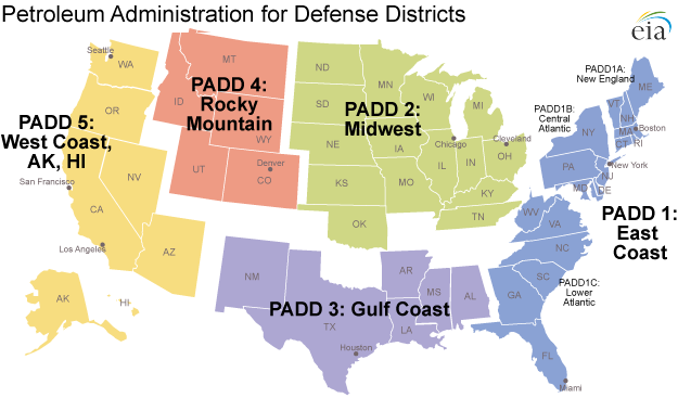 Petroleum Administration for Defense Districts (PADDs) United States map